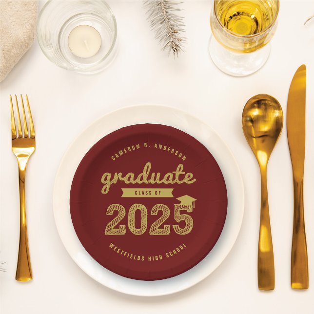 2025 Gold Bold Sketch Typografy Graduation Party Pappteller (2025 Gold Sketch Typography On Burgundy (customizable) Graduation Party Paper Plates @ fatfatin)