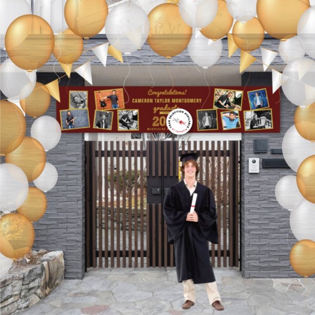 2025 Gold Sketch 10 Foto Collage Graduation Party Banner (20YY Maroon Red & Gold Sketch 10 Photo Modern Graduation Party Banner @ www.zazzle.com/color_therapy)