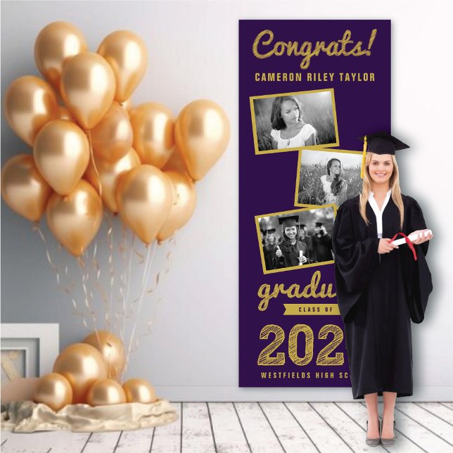 2025 Gold Sketch 3 Foto Collage Graduation Party Banner (2024 Purple & Gold Sketch 3 Photo Modern Graduation Party Banner @ www.zazzle.com/color_therapy)