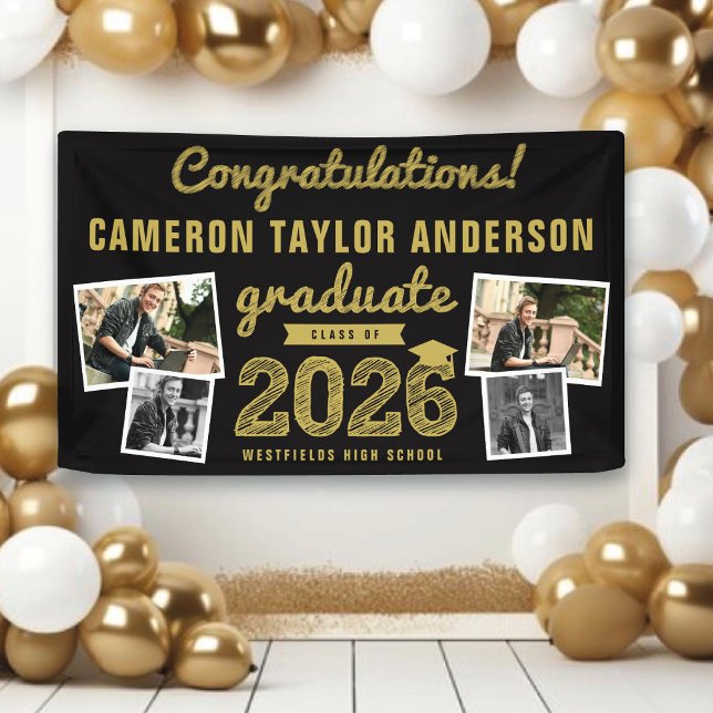 2025 Gold Sketch 4 Foto Glückwunsch Graduation Par Banner (2026 Black And Gold Sketch 4 Photo Modern Graduation Party Banner @ www.zazzle.com/color_therapy)