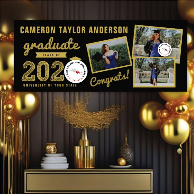 2025 Goldene Skizze Drei Foto Collage Grad Party Banner (20YY Black And Gold Sketch 3 Photo Modern Graduation Party Banner @ www.zazzle.com/color_therapy)