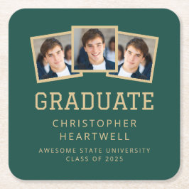 2025 Graduate 3-Foto Green Gold Rechteckiger Pappuntersetzer