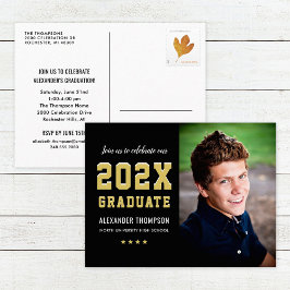 2025 Graduate Black Gold Graduation Party Foto Einladungspostkarte