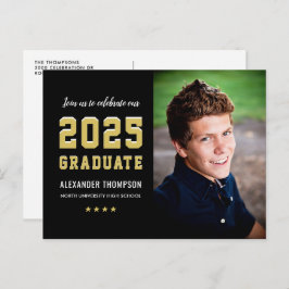 2025 Graduate Black Gold Graduation Party Foto Einladungspostkarte
