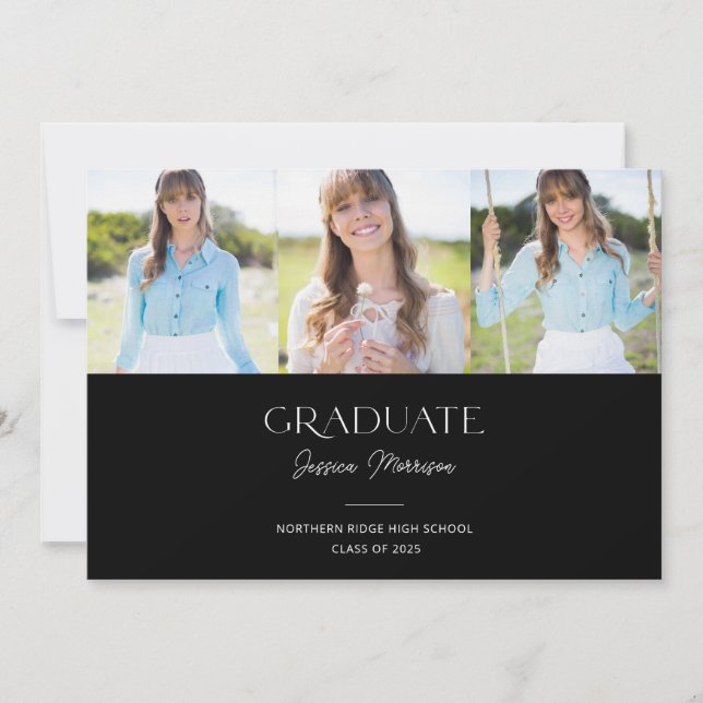 2025 Graduate Black & White 3-Foto Grad Party Einladung (Vorderseite)