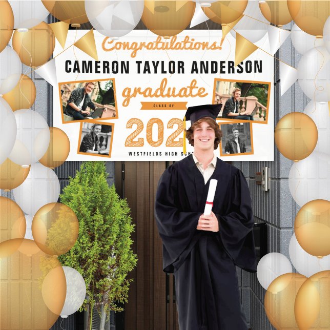 2025 Graduate Bold Sketch 4 Foto Graduation Party Banner (2024 White & Orange Sketch 4 Photo Modern Graduation Party Banner @ www.zazzle.com/color_therapy)