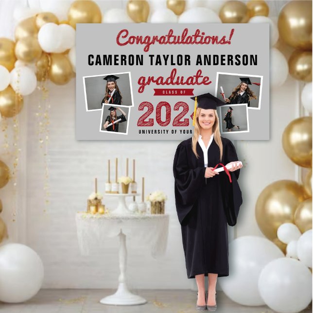 2025 Graduate Bold Sketch 4 Foto Graduation Party Banner (2024 Light Grey & Red Sketch 4 Photo Modern Graduation Party Banner @ www.zazzle.com/color_therapy)