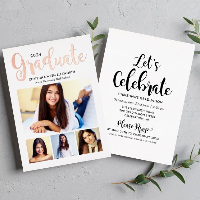 2025 Graduate Rose Gold Script Foto Collage Party Folieneinladung (Von Creator hochgeladen)