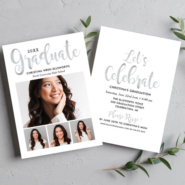 2025 Graduate Silver Script Foto Collage Party Einladung (Von Creator hochgeladen)