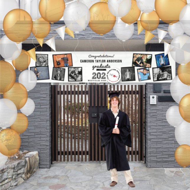 2025 Graduate Sketch 10 Foto Collage Grad Party Banner (20YY White & Black Sketch, Modern 10 Photo Graduation Party Banner @ www.zazzle.com/color_therapy)