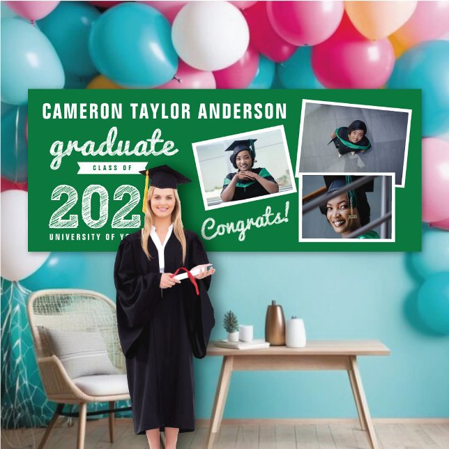 2025 Graduate Sketch Drei Fotos Graduation Party Banner (20YY Green & White Sketch, Modern 10 Photo Graduation Party Banner @ www.zazzle.com/color_therapy)