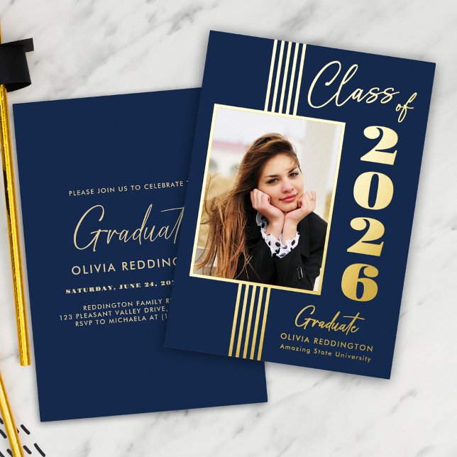 2025 Graduation Party Foto Frame Navy Gold Folieneinladung (Von Creator hochgeladen)