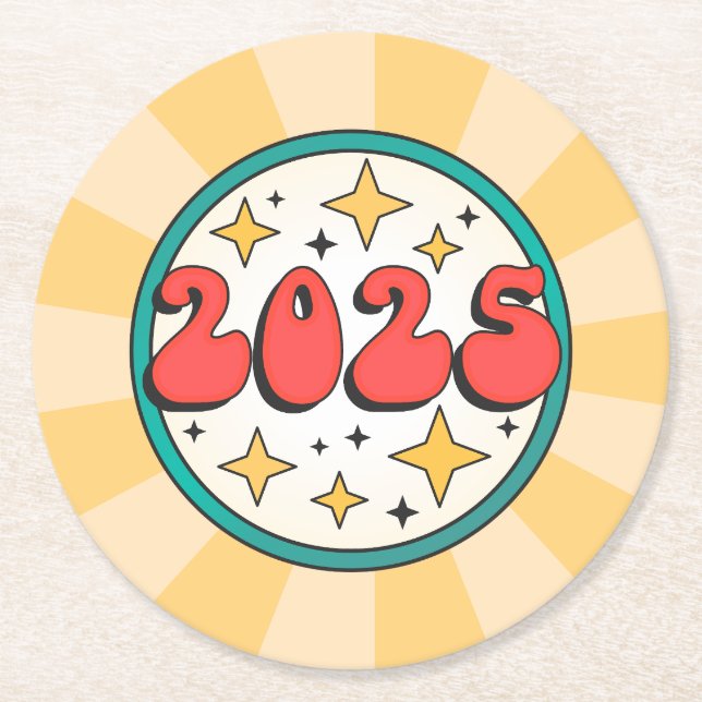 2025 Groovy Retro chubby Text und Sterne Runder Pappuntersetzer (Vorderseite)