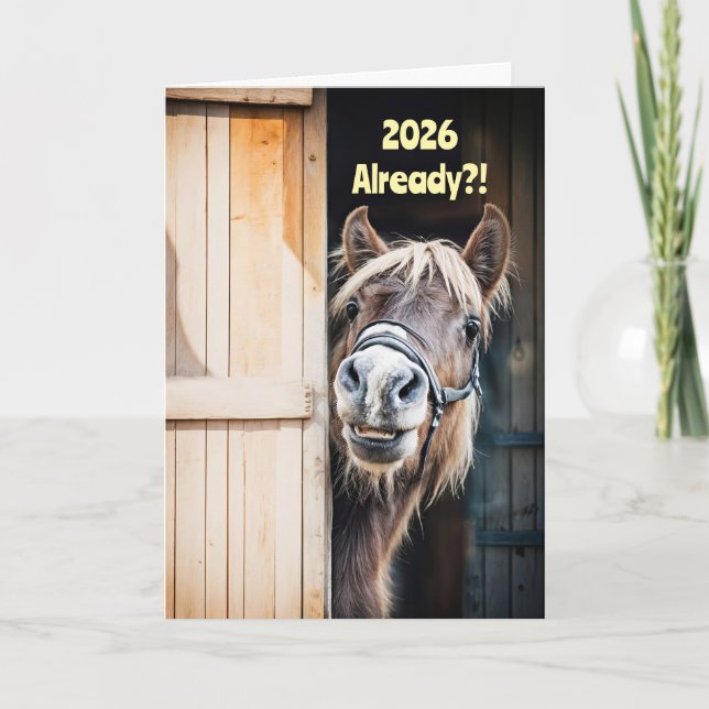 2025 Happy New Year Cute Fuzzy Pony Horse Barn Karte (Vorderseite)
