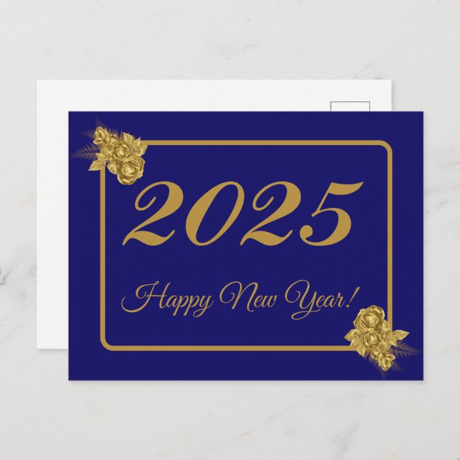 2025,Happy new year!gold Blume & Marinehintergrund Postkarte (Vorne/Hinten)