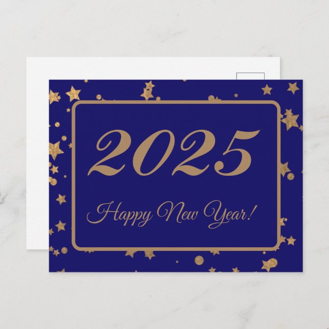 2025,Happy new year!gold stars & marine background Postkarte (Vorne/Hinten)