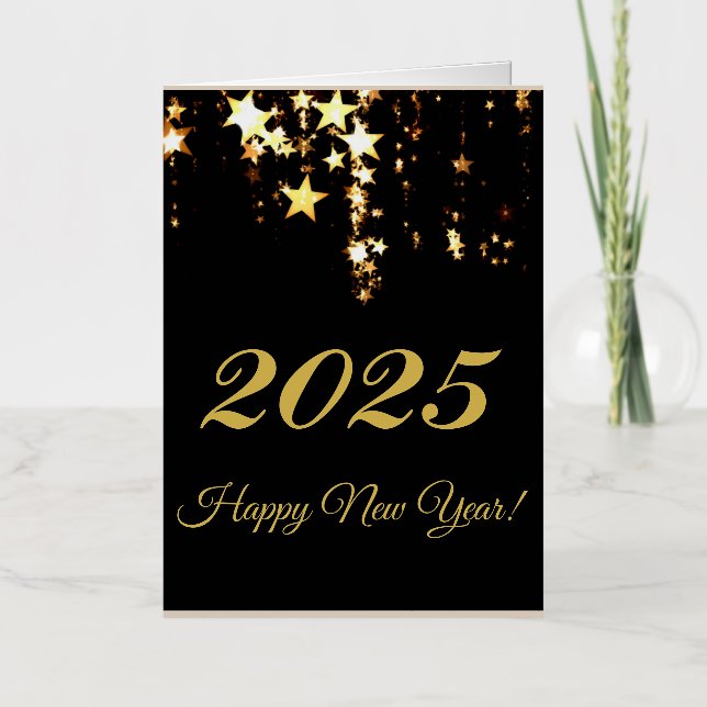 2025,Happy new year!goldene Sterne & schwarzer Hin (Vorderseite)