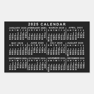 2025 Jahresmonatskalender Klassisch Schwarz und We Rechteckiger Aufkleber