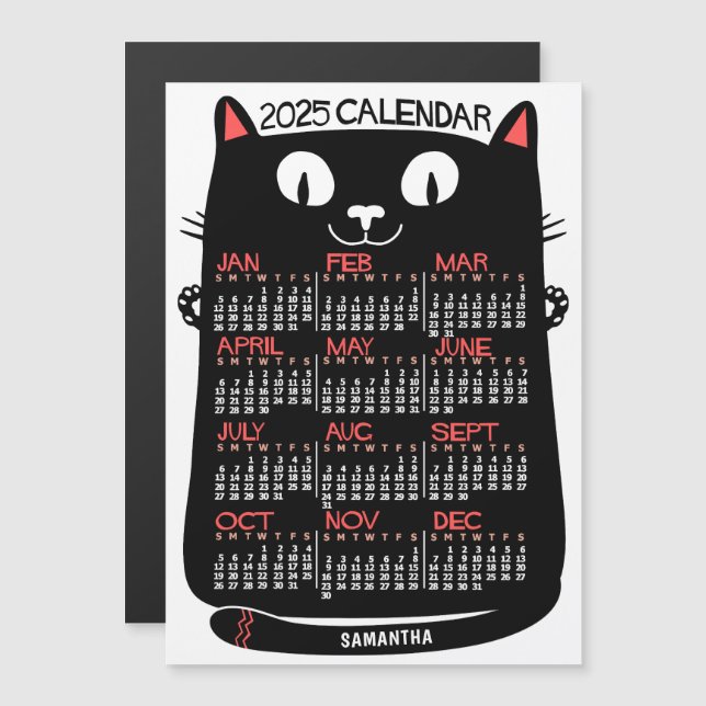 2025-Jahrkalender Mittelalter Schwarze Katze Monat Magneteinladung (Vorne/Hinten)