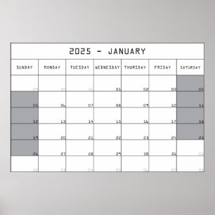 2025 Januar Planer Kalender große Notizen Platz Poster
