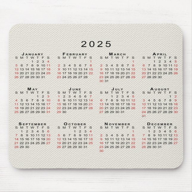 2025 Kalender Beige Imitate Leinwand Textur Mousepad (Vorne)