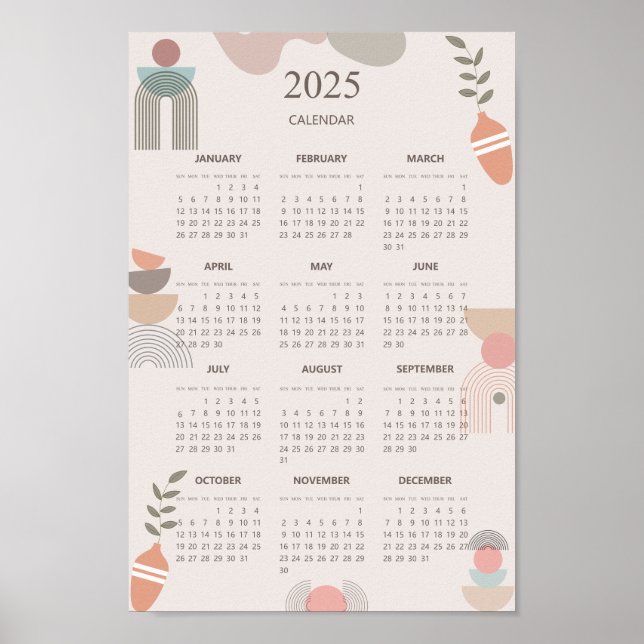 2025 Kalender Boho Mitte Jahrhundert Abstrakt Mini Poster (Vorne)