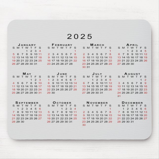 2025 Kalender Einfach grau schwarz Mousepad (Vorne)