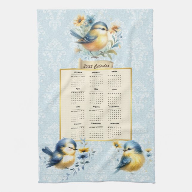 2025 Kalender Handtuch Niedliche Vögel Blauer Dama (Vertikal)