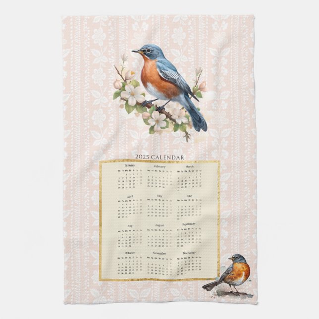 2025 Kalender Handtuch Robin Bird Peach Damask (Vertikal)