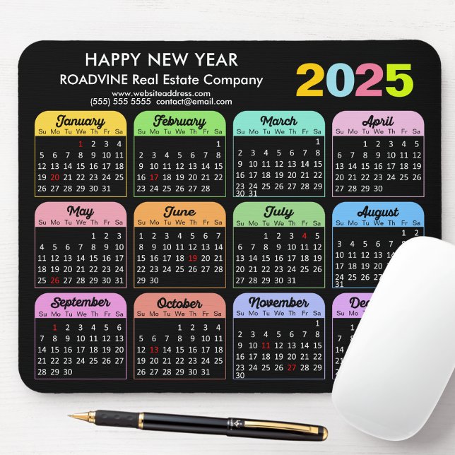 2025 Kalender Moderne Schwarze US-Ferien Unternehm Mousepad (Von Creator hochgeladen)