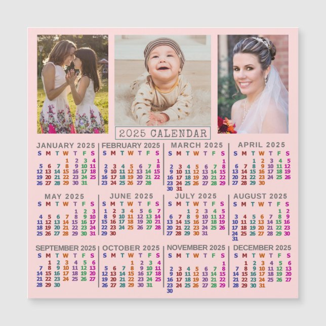 2025 Kalender Rosa Familie Foto Collage Magnet (Vorderseite)