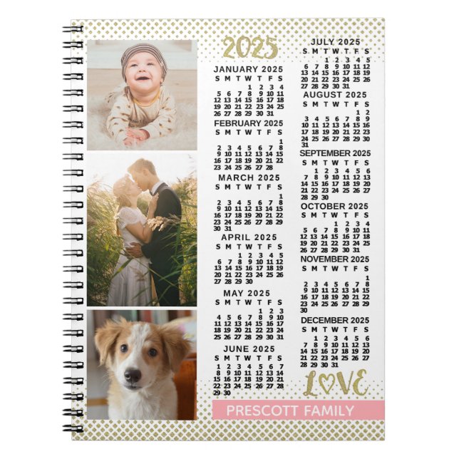 2025 Kalender Rosa Gold Familienfoto Collage Notizblock (Vorderseite)