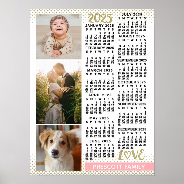 2025 Kalender Rosa Gold Familienfoto Collage Poster (Vorne)