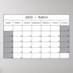 2025 März Planer Kalender große Notizen Raum Poster