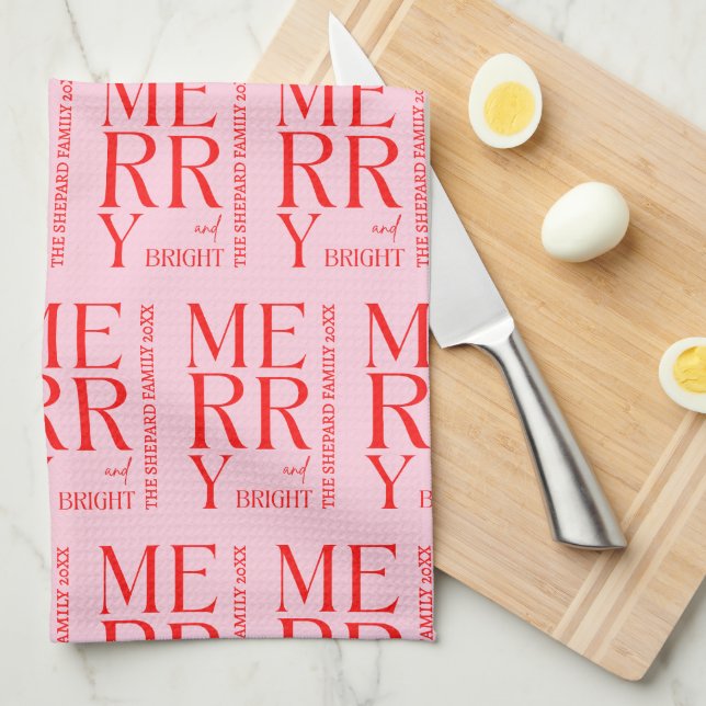 2025 Modern Merry and Bright Red Pink Christmas Geschirrtuch (Viertel Falte)