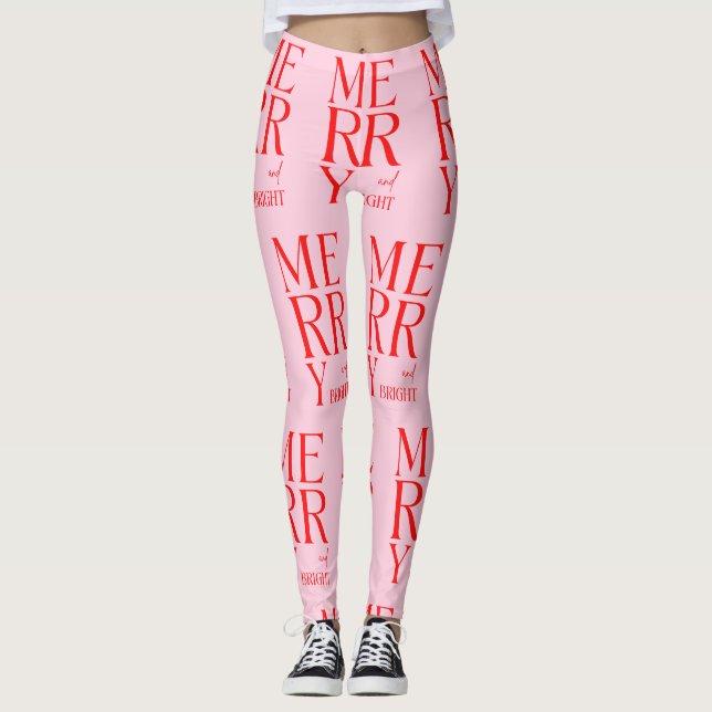 2025 Modern Merry and Bright Red Pink Christmas Leggings (Vorderseite)