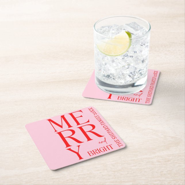 2025 Modern Merry and Bright Red Pink Christmas Rechteckiger Pappuntersetzer (Vor Ort)