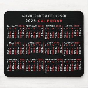 2025 Monatlicher Kalender Custom Black Red White Mousepad