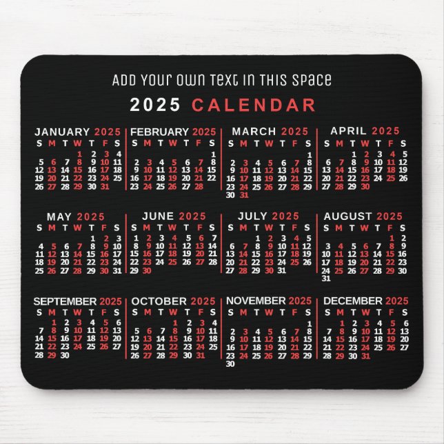 2025 Monatlicher Kalender Custom Black Red White Mousepad (Vorne)