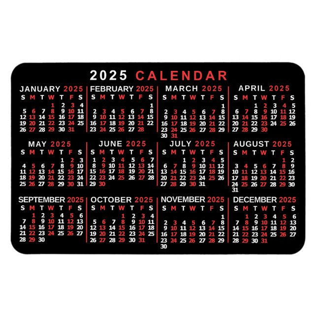 2025 Monatlicher Kalender Klassisch Schwarz Rot We Magnet (Horizontal)