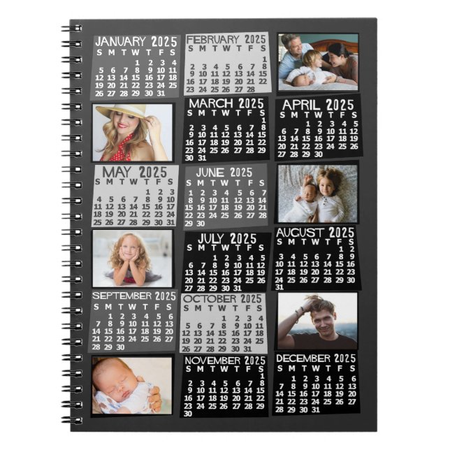 2025 Monatlicher Kalender Schwarz Mod 6 FotoCollag Notizblock (Vorderseite)