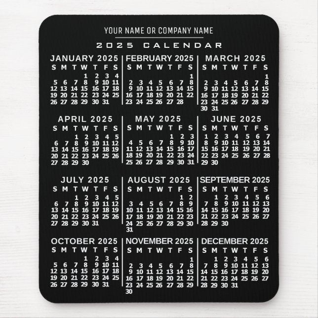 2025 Monatlicher Kalender Schwarz-weißer Individue Mousepad (Vorne)