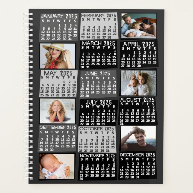 2025 Monatskalender 12 FotoCollage Schwarz Planer (Vorderseite)