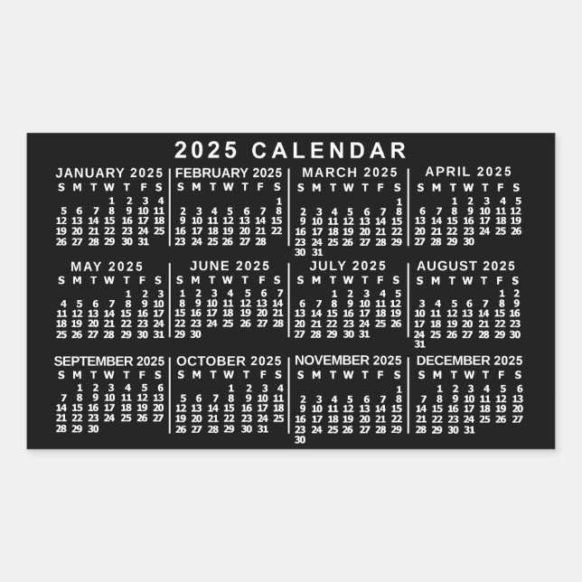 2025 Monatskalender Klassisch Schwarz/Weiß Rechteckiger Aufkleber (Vorderseite)