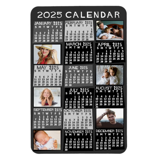 2025 Monatskalender Mod Schwarzes FotoCollage Magnet (Vertikal)