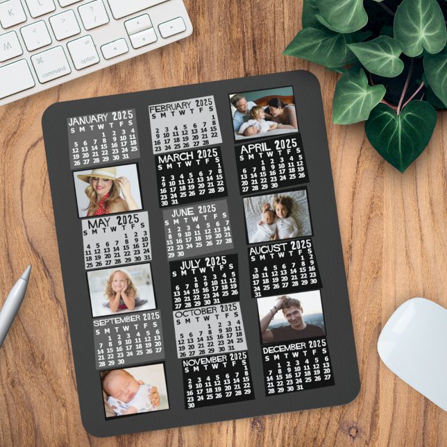 2025 Monatskalender Mod Schwarzes FotoCollage Mousepad (Von Creator hochgeladen)
