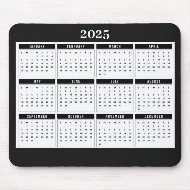2025 Monatskalender Modernes Schwarz-weiß Mousepad (Vorne)