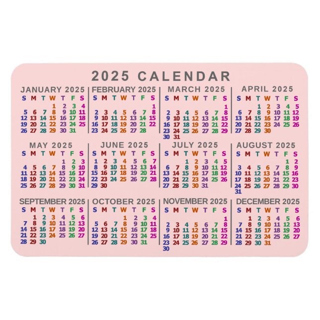 2025 Monatskalender Rosa Farbe rot Magnet (Horizontal)