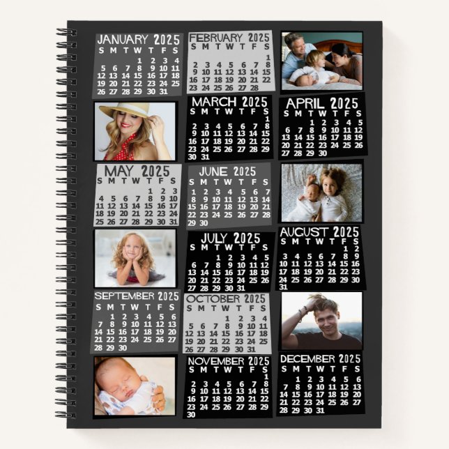 2025 Monatskalender Schwarze Mod 12 FotoCollage Notizbuch (Vorderseite)