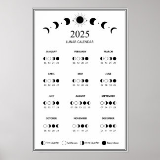 2025 Mondphasen-Lunarzyklen Minimalistischer Kalen Poster